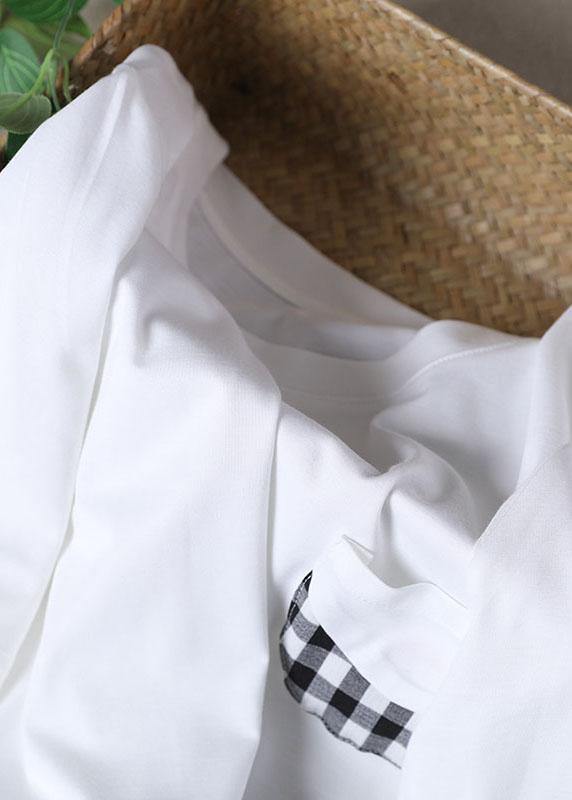 Boutique White Patchwork Plaid Pockets Cotton Shirt Tops Short Sleeve Summer