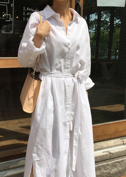 Boutique White Peter Pan Collar Tie Waist Cotton Ankle Dress Spring