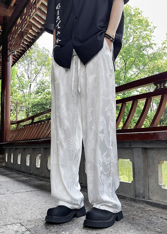 Boutique White Pockets Oriental Print Ice Silk Pants Summer