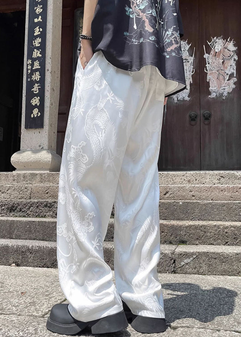 Boutique White Pockets Oriental Print Ice Silk Pants Summer