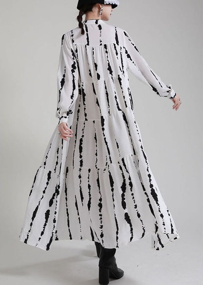 Boutique White Print Patchwork Asymmetrical Design Fall Vacation Dresses Long Sleeve
