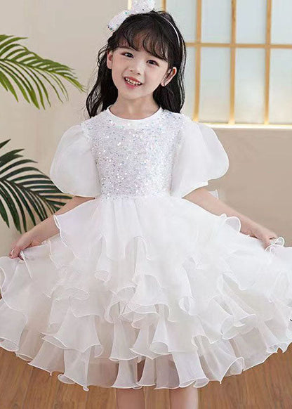 Boutique White Ruffled Sequins Patchwork Tulle Kids Party Dresses Summer
