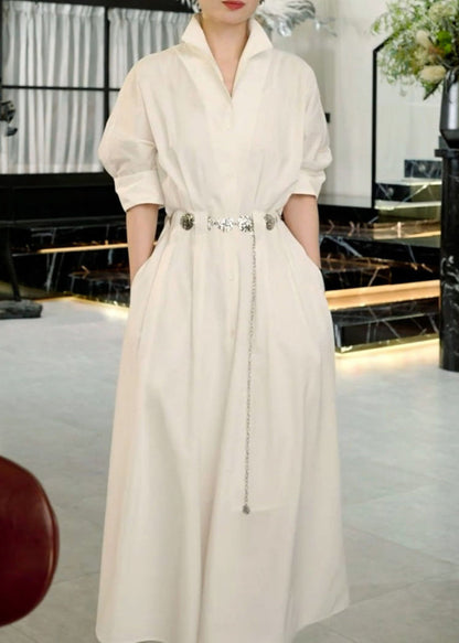 Boutique White Stand Collar Sashes a Line Dress Half Sleeve