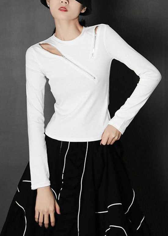 Boutique White Asymmetrical Design Zip Up Tops Spring