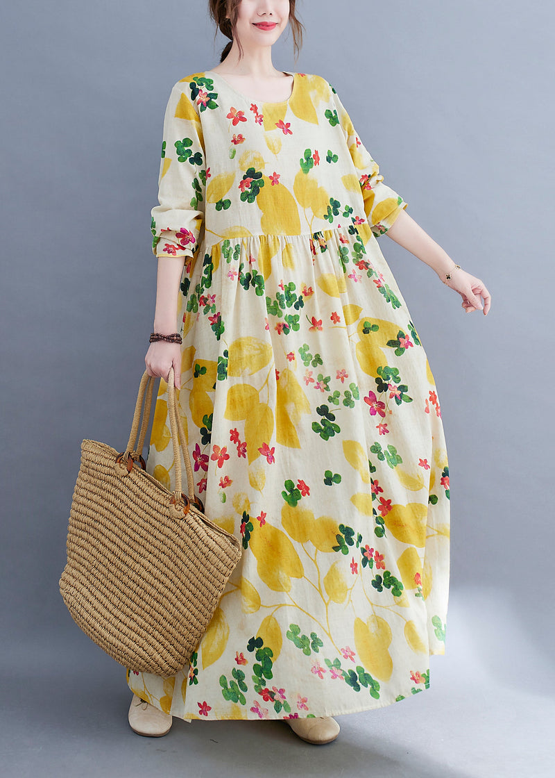 Boutique Yellow O-neck Cinched Pockets Beach Dress Long Sleeve