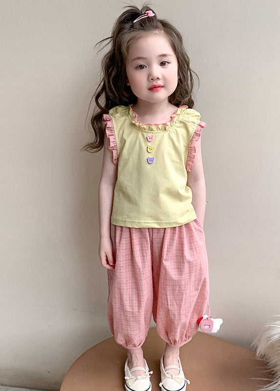 Boutique Yellow O-neck Kids Vest and Lantern Pants Two Piece Set Sleeveless