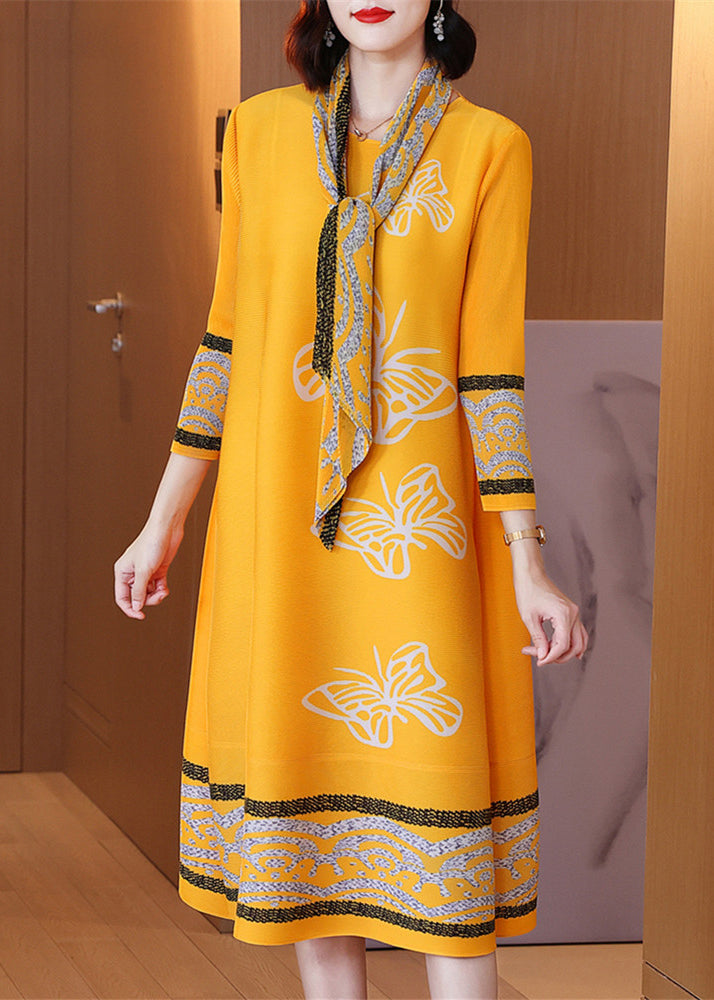 Boutique Yellow O-neck Print Low High Desig Maxi Dresses Long Sleeve