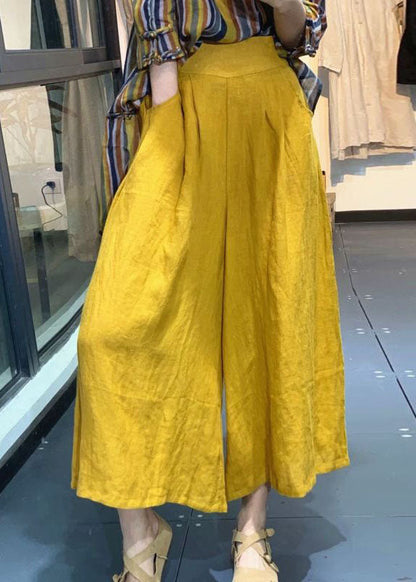 Boutique Yellow Pockets Wrinkled Cotton Pants Spring