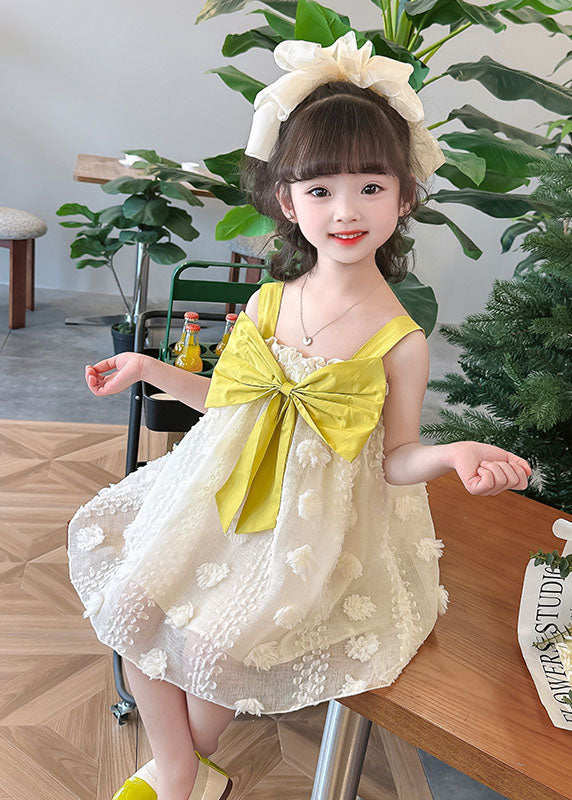 Boutique Yellow Ruffled Bow Patchwork Tulle Kids Long Dress Summer