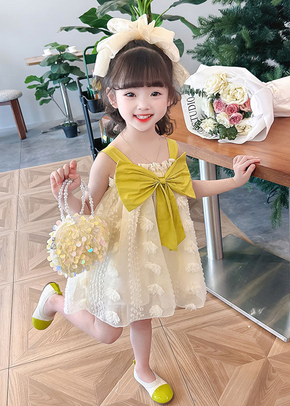 Boutique Yellow Ruffled Bow Patchwork Tulle Kids Long Dress Summer