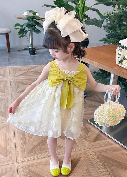 Boutique Yellow Ruffled Bow Patchwork Tulle Kids Long Dress Summer