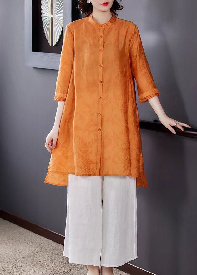 Boutique Yellow Stand Collar Tops and Pants Linen Two Piece Suit Set Spring
