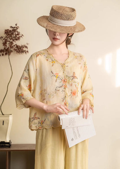 Boutique Yellow V Neck Embroidered Linen Blouses Summer