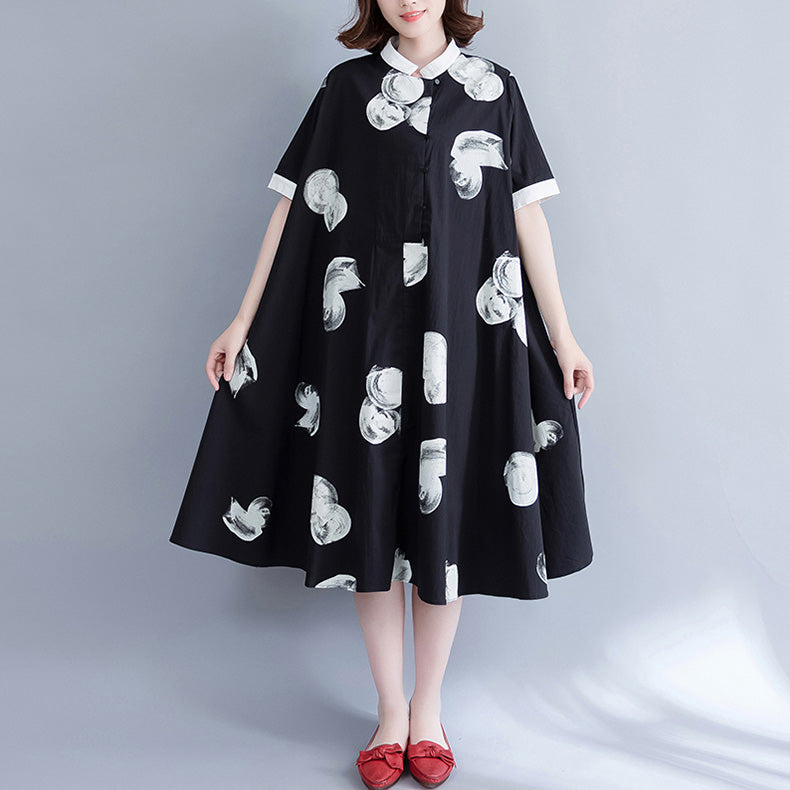 Brand Clothing Long Shirt Tops Black White Printed Cotton Blouses