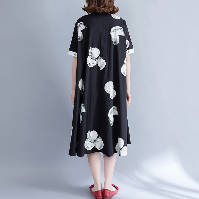 Brand Clothing Long Shirt Tops Black White Printed Cotton Blouses