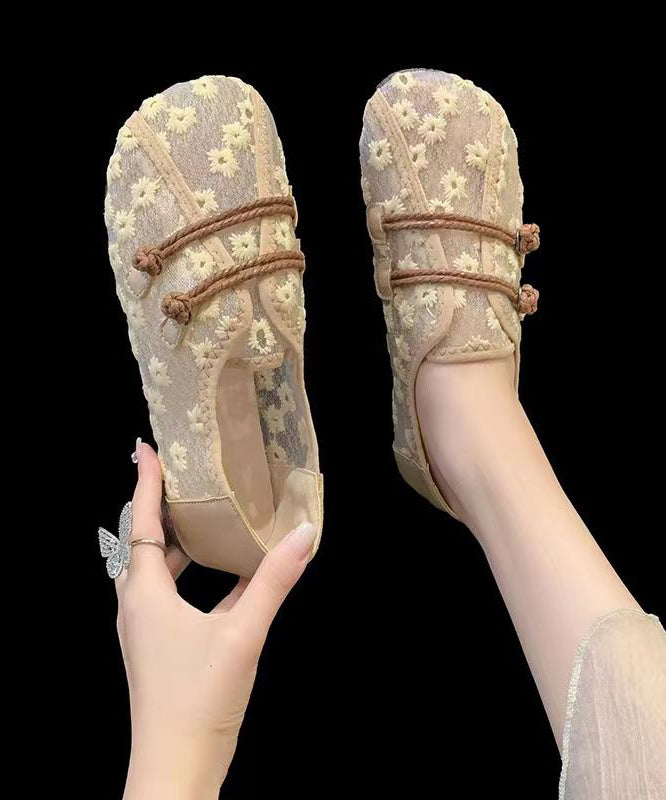 Breathable Mesh Khaki Flat Shoes Embroidery Splicing Soolinen Shoes-20251