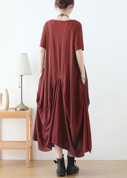 Brick Red Cotton Long Dress O-neck Asymmetrical Design Short Sleeve