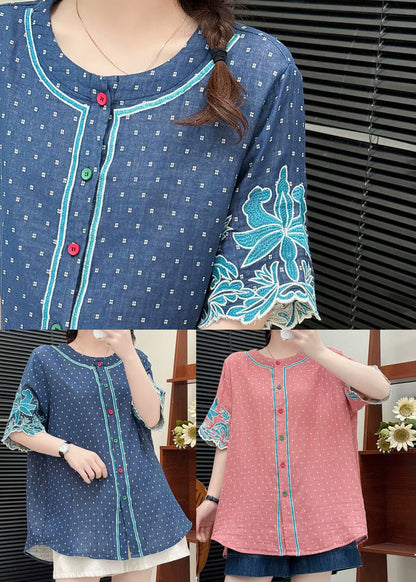 Brick Red Cotton Shirt Tops Embroidered Summer