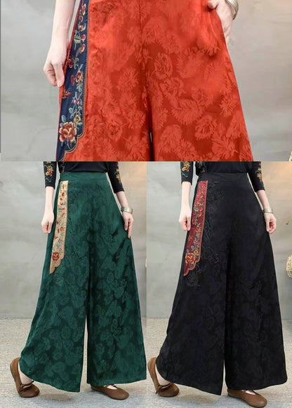 Brick Red Jacquard Silk Wide Leg Pants Embroidered Spring
