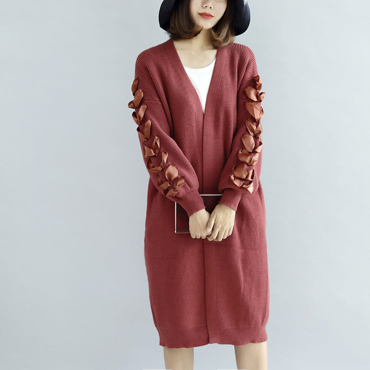 Brick Red Knit Cardigans Oversized Sweater Coats Decorated Sleeves