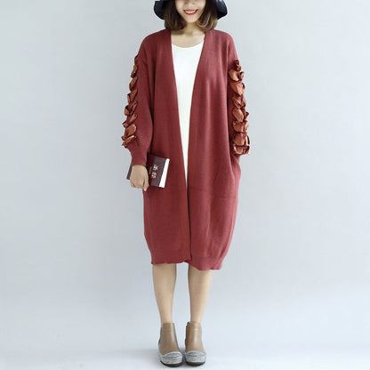 Brick Red Knit Cardigans Oversized Sweater Coats Decorated Sleeves