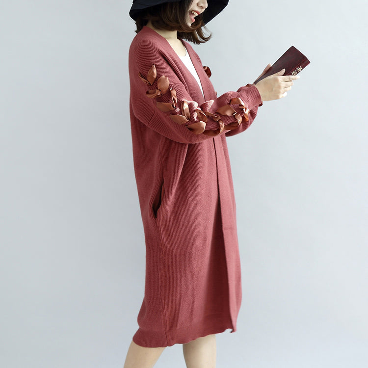 Brick Red Knit Cardigans Oversized Sweater Coats Decorated Sleeves