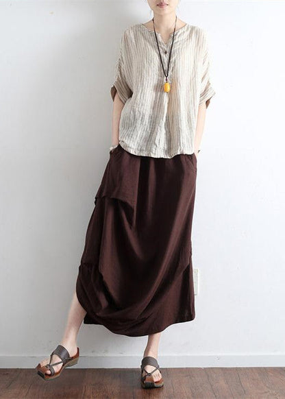 White Flowers and Birds Oversized Linen Skirts Asymmetrical Design Elastic Waist Long Skirt