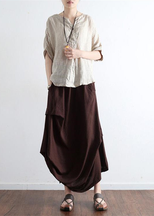 Yellow Leopard Oversized Linen Skirts Asymmetrical Design Elastic Waist Long Skirt