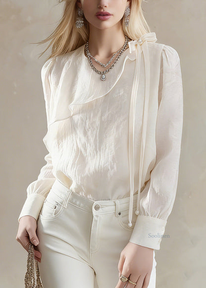 Brief Beige Asymmetrical Tassel Bow Top Lantern Sleeve