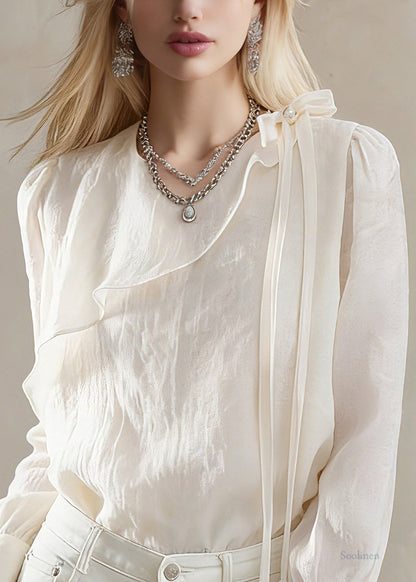 Brief Beige Asymmetrical Tassel Bow Top Lantern Sleeve