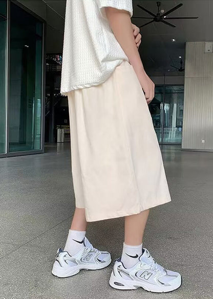 Brief Beige Elastic Waist Wide Leg Pants Summer