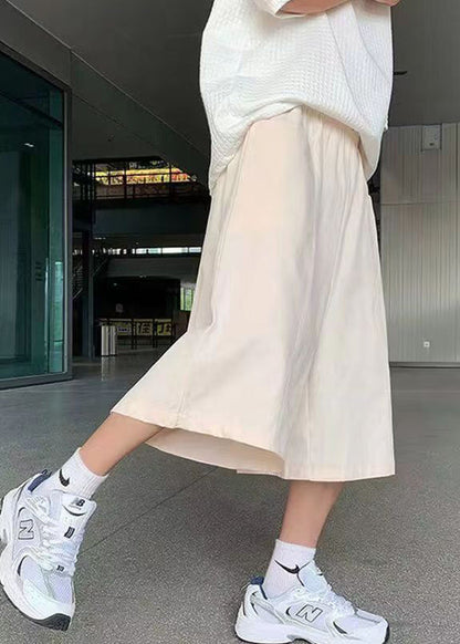 Brief Beige Elastic Waist Wide Leg Pants Summer