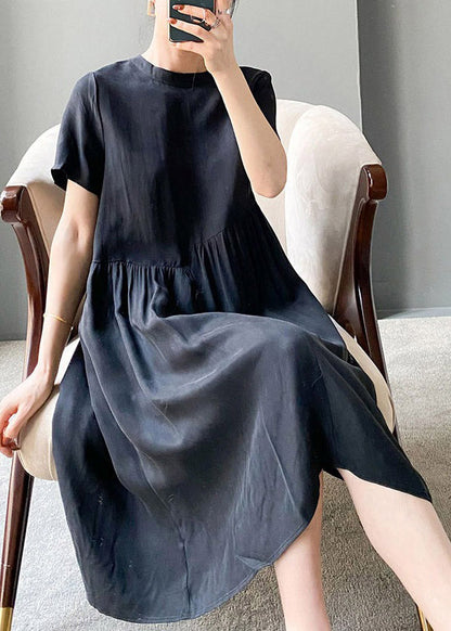 Brief Black Flower O-neck Patchwork Cotton Blend Dress Short Sleeve