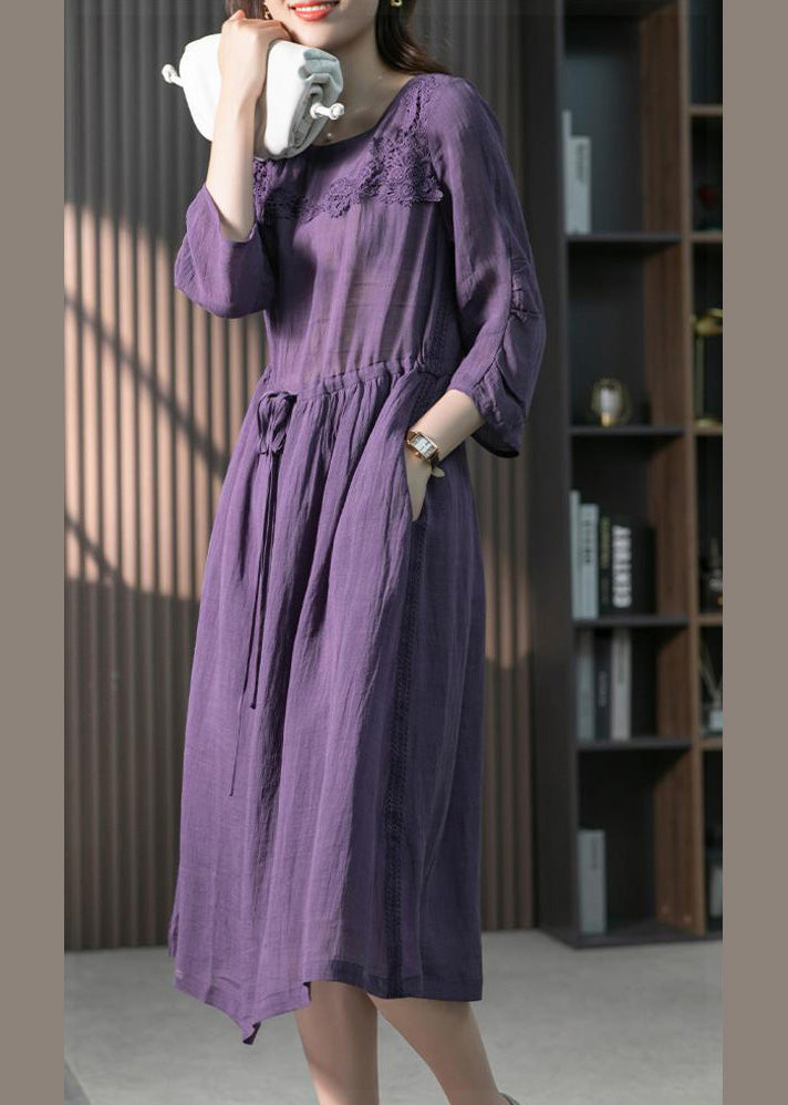 Brief Blue O-neck Lace Patchwork Tie Waist Linen Long Dresses Spring