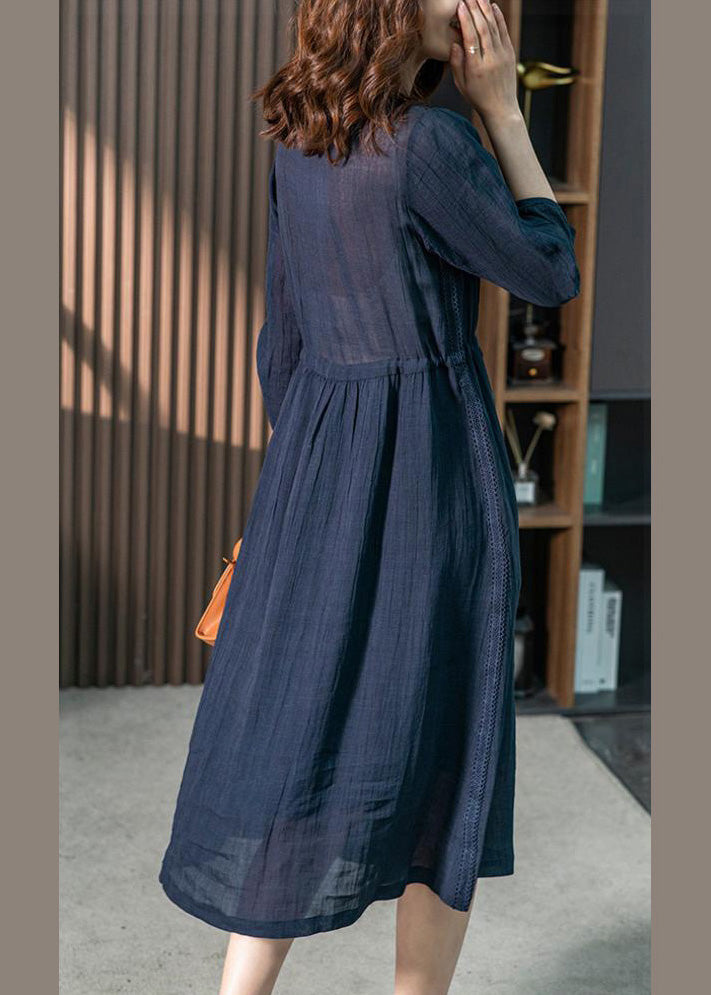 Brief Blue O-neck Lace Patchwork Tie Waist Linen Long Dresses Spring