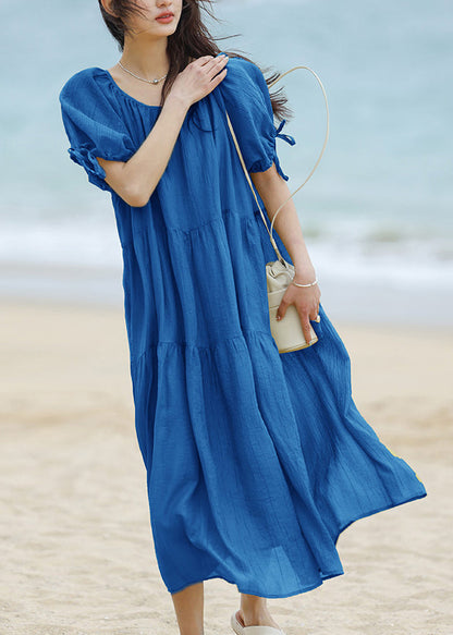 Brief Blue O-neck Patchwork Long Dresses Summer