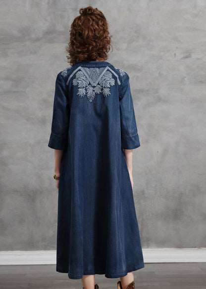 Brief Blue V Neck Print Cotton a Line Dress Half Sleeve