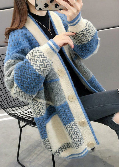 Brief Blue V Neck Print Button Mink Velvet Knit Coat Fall