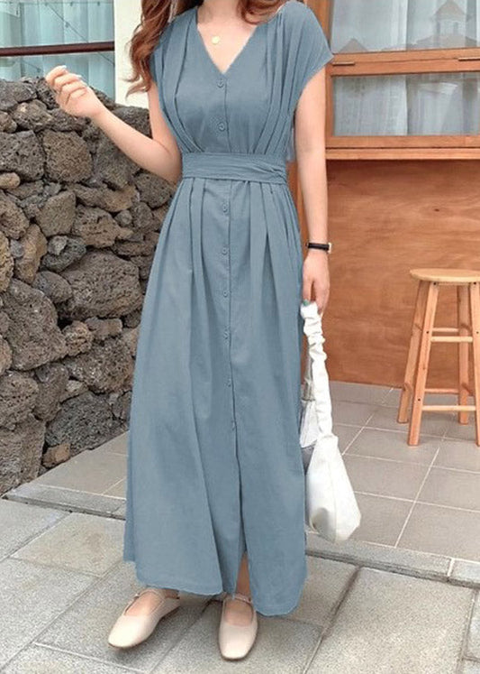 Brief Blue V Neck Tie Waist Button Long Dress Short Sleeve