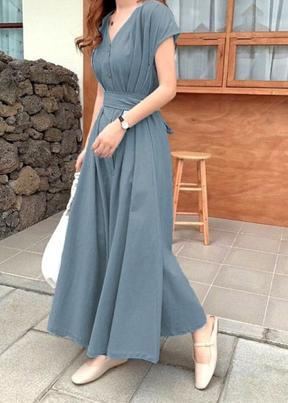 Brief Blue V Neck Tie Waist Button Long Dress Short Sleeve