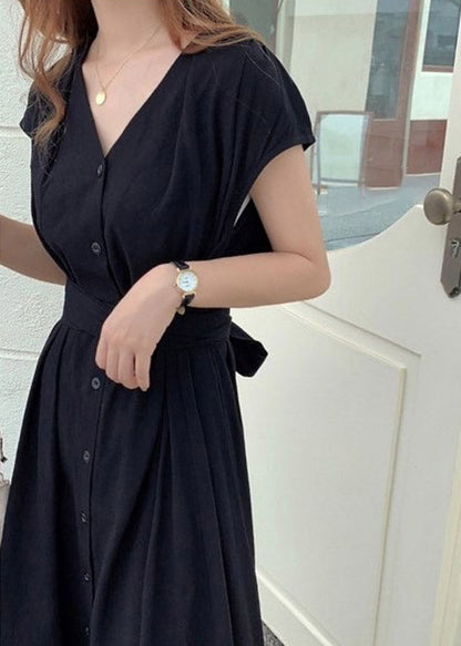 Brief Blue V Neck Tie Waist Button Long Dress Short Sleeve