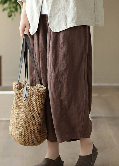 Brief Green Elastic Waist Tie Waist Linen Crop Pants Summer