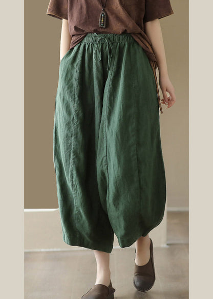 Brief Green Elastic Waist Tie Waist Linen Crop Pants Summer