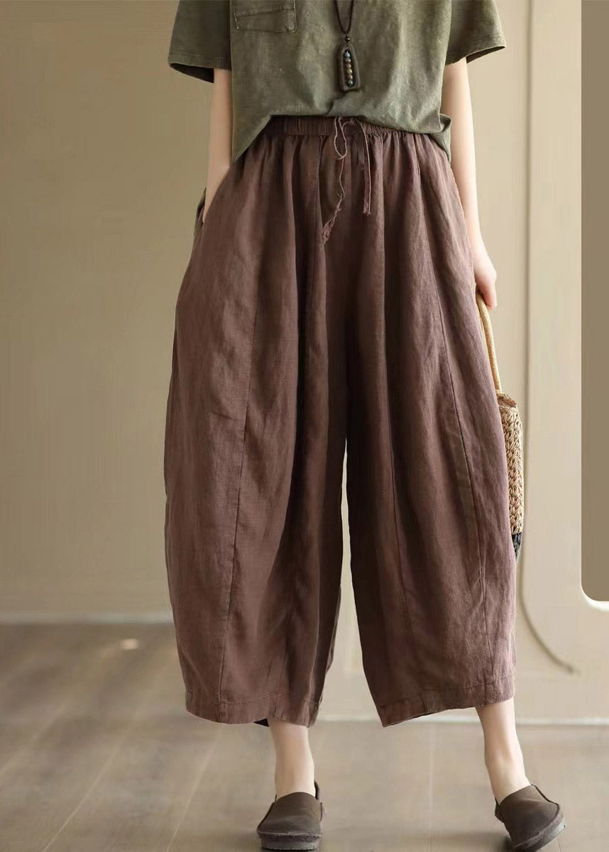 Brief Green Elastic Waist Tie Waist Linen Crop Pants Summer