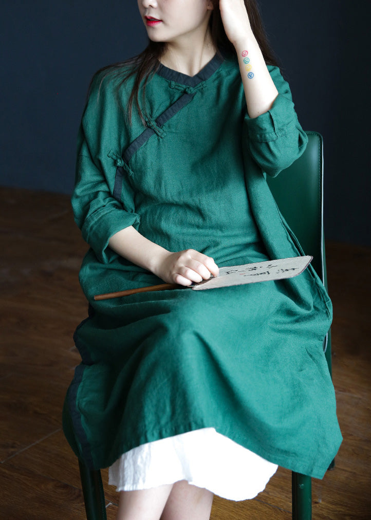 Brief Green O-neck Button Maxi Dresses Spring