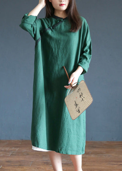 Brief Green O-neck Button Maxi Dresses Spring