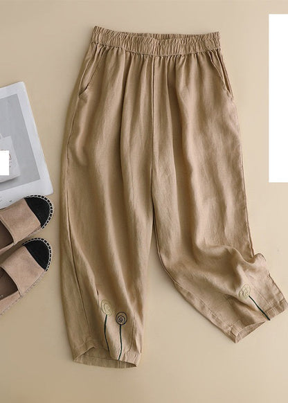 Brief Khaki Embroideried High Waist Linen Harem Pants Summer