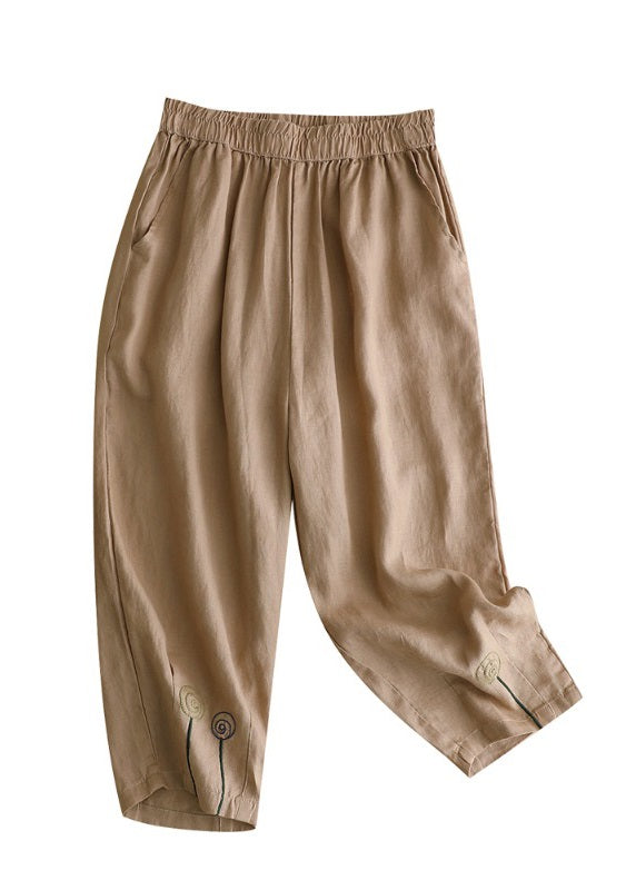 Brief Khaki Embroideried High Waist Linen Harem Pants Summer