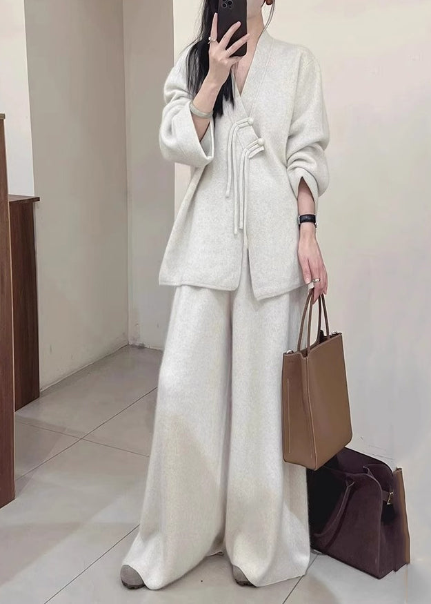 Brief Light Grey V Neck Button Knit Coats and Pants Two Piece Set Spring