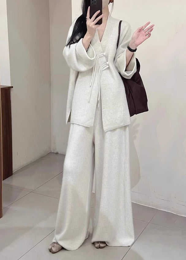 Brief Light Grey V Neck Button Knit Coats and Pants Two Piece Set Spring
